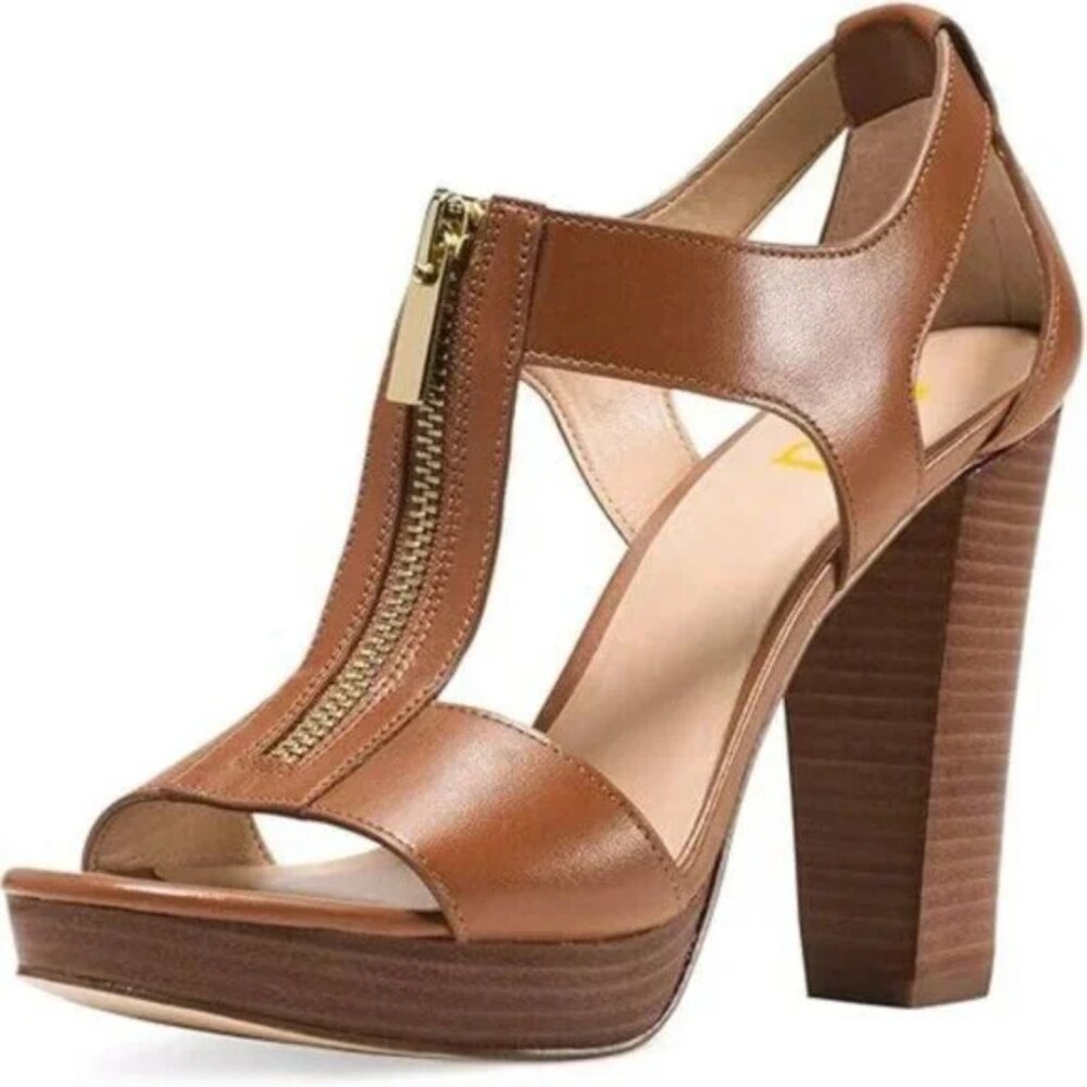 FSJ Brown Peep Open Toe T-Strap Front Zipper Chunky Stacked High Heel Sandal
